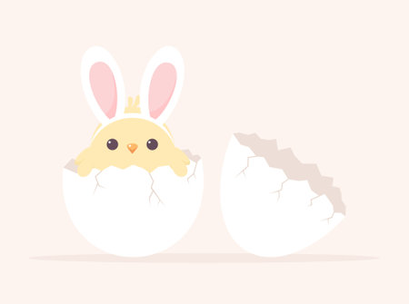 Cute chick wearing bunny ears sitting inside a broken eggshell. Flat vector illustrationのイラスト素材