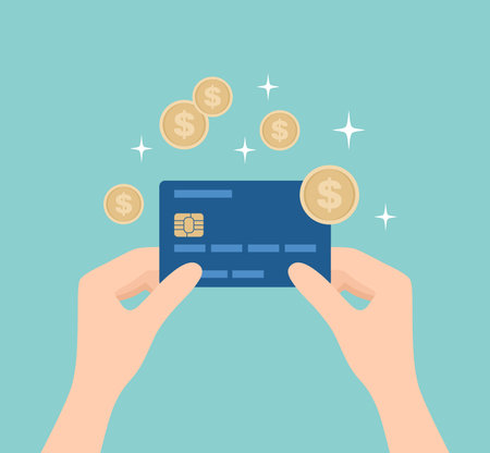 Two hands holding a bank card with gold coins around, flat vector illustrationのイラスト素材