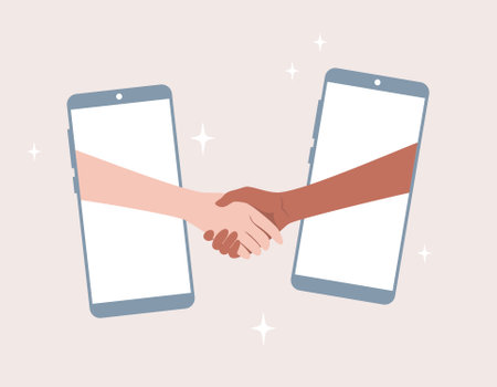 Handshake of people of different nationalities and skin tones through smartphone screens. Flat vector illustrationのイラスト素材