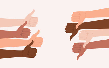 Hands of people of different nationalities and skin tones showing thumbs up and thumbs down gestures opposite to each other. Flat vector illustrationのイラスト素材