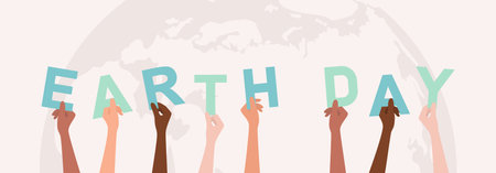 Hands of people of different nationalities and skin tones holding up letters forming the text Earth Day with Earth globe in the background. Flat vector illustrationのイラスト素材