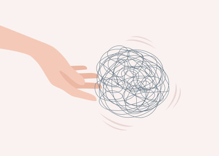 Tangled ball of thread rolling down from hand. Flat vector illustrationのイラスト素材
