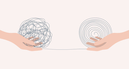 Two human hands holding tangled and untangled connected balls. Flat vector illustrationのイラスト素材