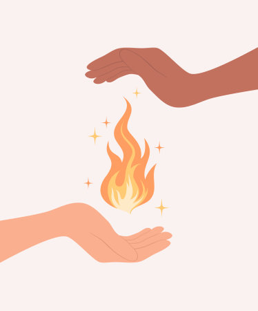 Two hands of different skin tones caring for a flame between them, flat vector illustrationのイラスト素材