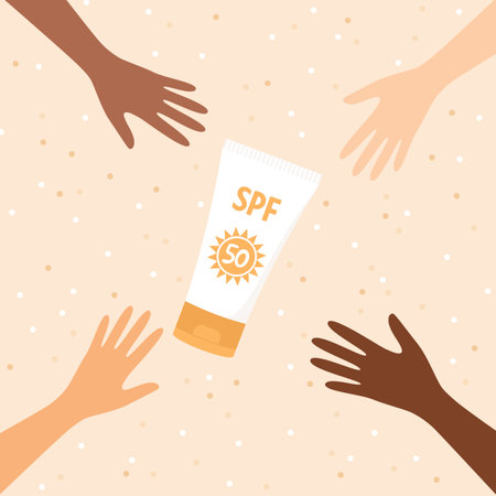 Hands of different skin tones reaching for sunscreen on sandy beach background. Flat vector illustrationのイラスト素材