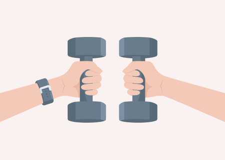 Two hands holding gray dumbbells on a beige background. Flat vector illustrationのイラスト素材