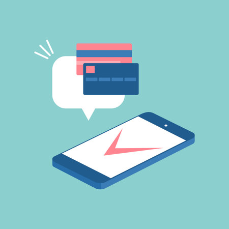 Smartphone with check mark on screen and bank cards in speech bubble. Contactless or online payment. Flat vector illustrationのイラスト素材