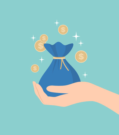 Hand holding blue bag with money and gold coins around. Flat vector illustrationのイラスト素材