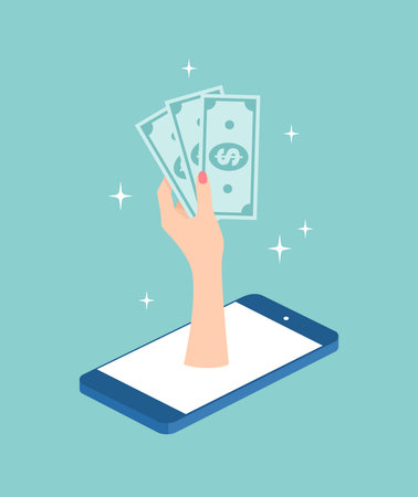 Hand holding banknotes coming out of smartphone screen. Flat vector illustrationのイラスト素材