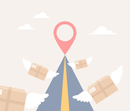Delivery boxes with wings flying to a large location pin icon at the end of a long road. Flat vector illustrationのイラスト素材