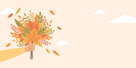 Hand holding a bouquet of colorful autumn leaves, autumn banner with copy space. Flat vector illustrationのイラスト素材