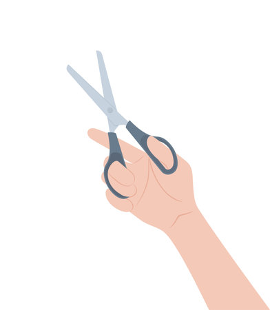 Female hand holding stationery scissors, isolated on white background. Flat vector illustrationのイラスト素材