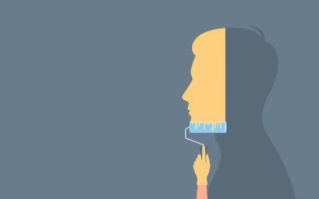 A hand in a rubber glove painting a male silhouette with a roller in yellow. Flat vector illustration with copy spaceのイラスト素材