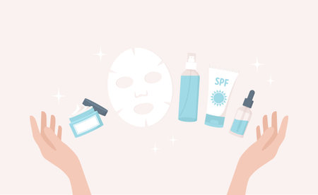 Hands raised up with skincare products between them. Flat vector illustrationのイラスト素材