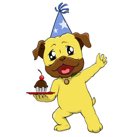 pug holding a small tray with cupcakeのイラスト素材