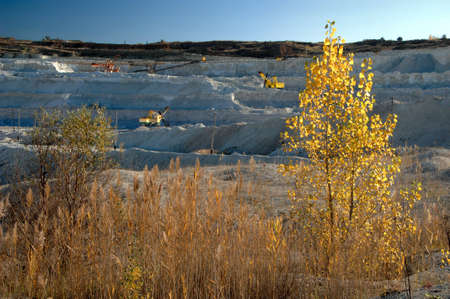 Opencast mine with view of yellow treeの写真素材