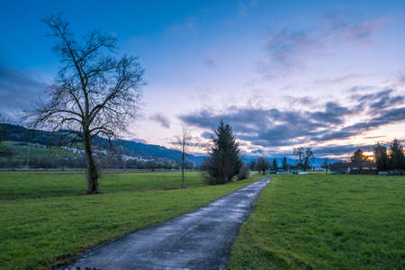 Meadows landscape with dramatic skyの写真素材