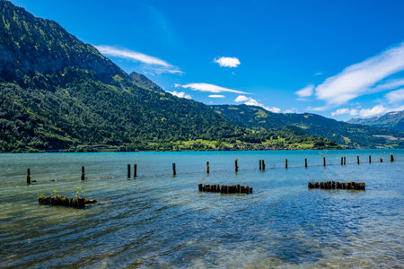 View of the lake and mountains - Interlaken, Switzerlandの写真素材