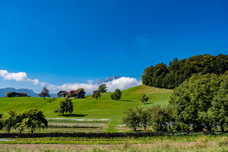 Landscape with old houses on the hill - Switzerlandの写真素材