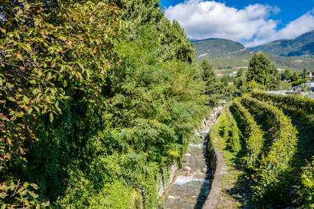 Beautiful landscape with a view of a mountain stream - Veyras, Switzerlandの写真素材