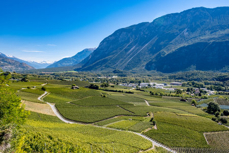Valley surrounded by mountains - Veyras, Switzerlandの写真素材