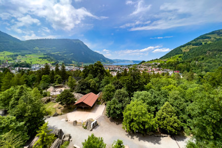 Panoramic view of the lake and mountains - Goldau, Switzerlandの写真素材