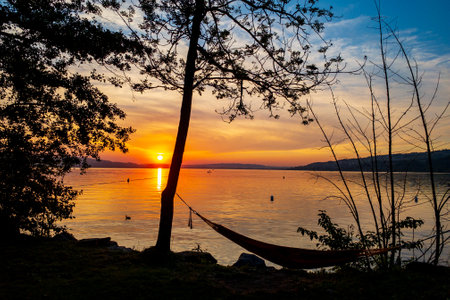 Silhouette of hammock on the beach at sunset - Sempach, Switzerlandの写真素材