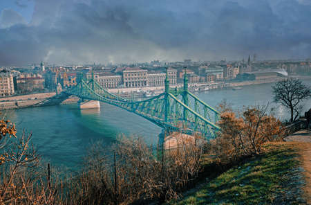 Liberty Bridge (Freedom Bridge) in Budapest across the Danube River. View of the bridge from aboveの写真素材