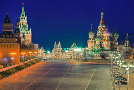Vasilyevsky Descent near St Basils Cathedral and Moscow Kremlin. View of the Red Square at night.