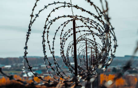 Security with a barbed wire spiral wound on the fence on a cloudy dayの写真素材