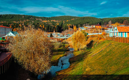 Park with river in Kukmor, Tatarstan. Comfortable and ecological urban city concept. Small Russian cities.の写真素材