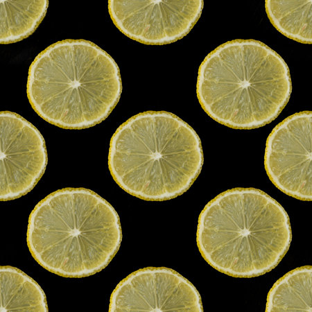 Fresh lemon slices pattern. Black background. Seamless pattern with citrus fruitの写真素材