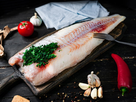 Fresh codfish fillet with cooking ingredients on a wooden cutting board. Top view.