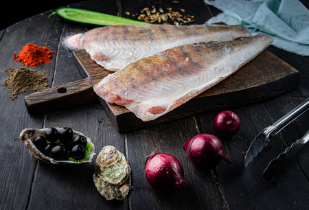 Fresh pikeperch fillet with cooking ingredients on a wooden cutting board. Top view.