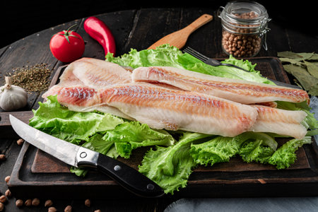 Fresh pollack fillet with cooking ingredients on a wooden cutting board. Top view.