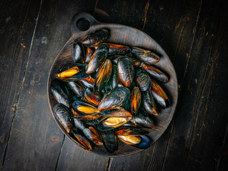 Close up of delicious steamed mussels in a wooden bowl.の写真素材