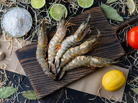 Fresh shrimps on kitchen table board with ingredients. Raw prawns, tomatoes, salt, limes and garlicの写真素材