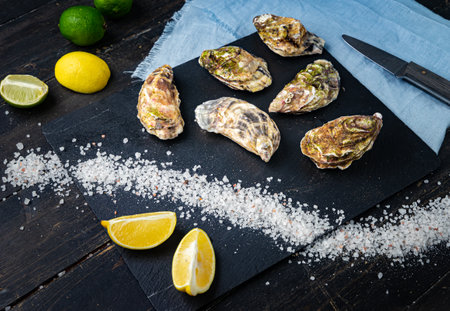 Fresh oysters on a black stone background. Top view. Oyster dinner in restaurant. Dark background. Seafood, Gourmet food.の写真素材