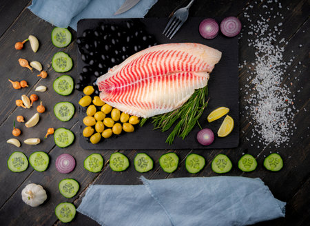 Fresh tilapia fish fillet with ingredients for cooking on a black plate. Top view.の写真素材