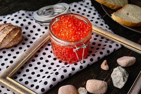 Chum salmon caviar in a glass bowl . Seafood, delicacies, healthy nutrition.の写真素材