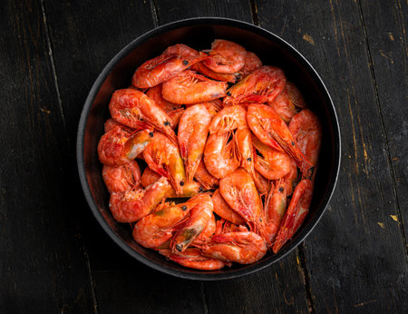 Raw Northern shrimps or prawns in a frying pan . Top viewの写真素材