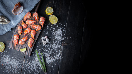 Raw Greenland shrimps or prawns on wooden cutting board . Top View with Copy space.の写真素材