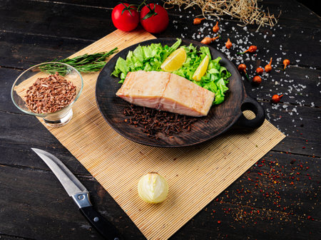 Cold Smoked oily fish fillet. Seafood in a wooden bowl on a napkin. Top view.の写真素材