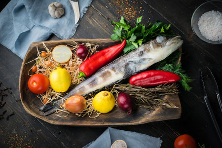 Mackerel icefish with ingredients for cooking in a wooden bowlの写真素材