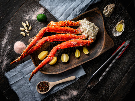 Fresh red king crab crab claws with lemon slices and spices . Tasty kamchatka crabs clawの写真素材