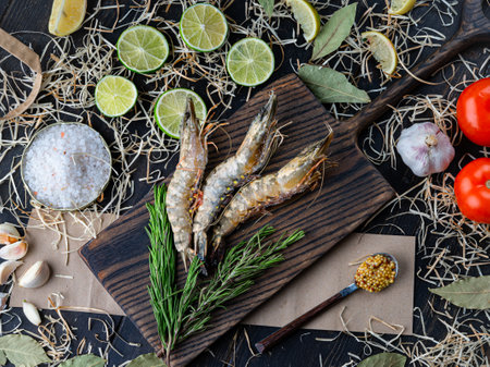Fresh shrimps on kitchen table board with ingredients. Raw prawns, tomatoes, salt, limes and garlicの写真素材