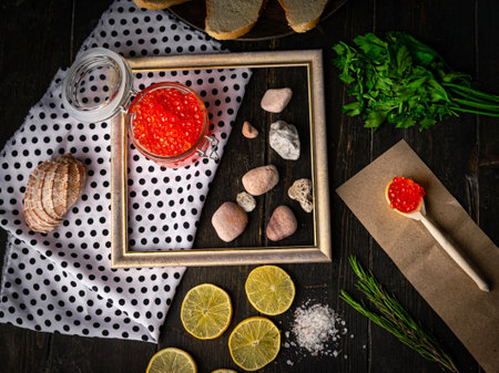 Chum salmon caviar in a glass bowl . Seafood, delicacies, healthy nutrition.の写真素材