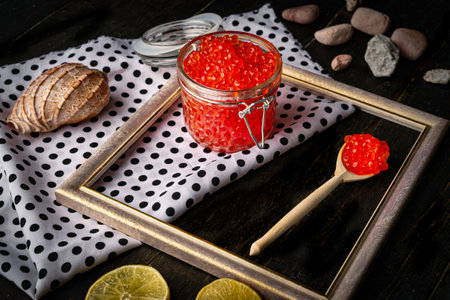 Chum salmon caviar in a glass bowl . Seafood, delicacies, healthy nutrition.の写真素材