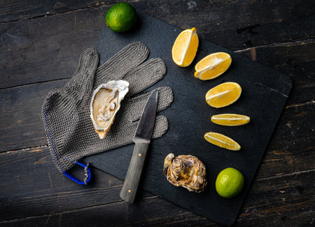 Fresh oysters on a black stone background. Top view. Oyster dinner in restaurant. Dark background. Seafood, Gourmet food. Oyster glove, oyster opening knifeの写真素材