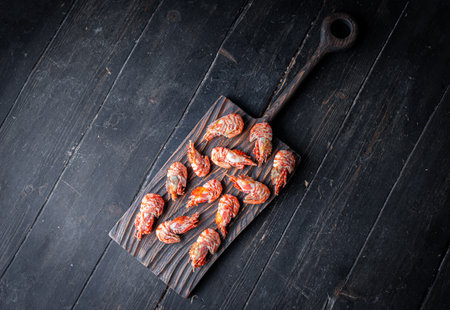 Raw Greenland shrimps or prawns on wooden cutting board . Top viewの写真素材